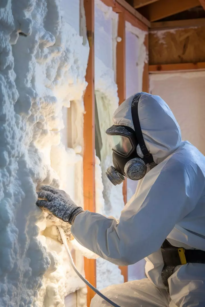 Application de mousse polyuréthane pulvérisée sur un mur